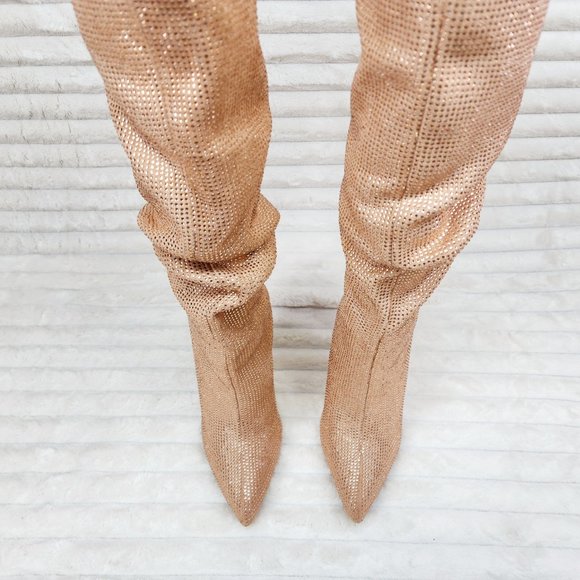 Radiant Beige Rhinestone High Heel Slouch Knee High Boots - Picture 6 of 9